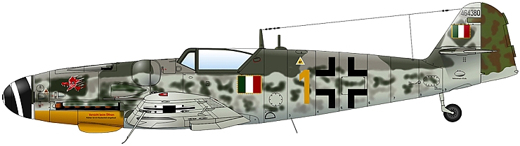 Bf 109G-14/Erla Wk-Nr 464380 of Mario Bellagambi, 5a Squadriglia, II° Gruppo Caccia, ANR, Osoppo, March 1945